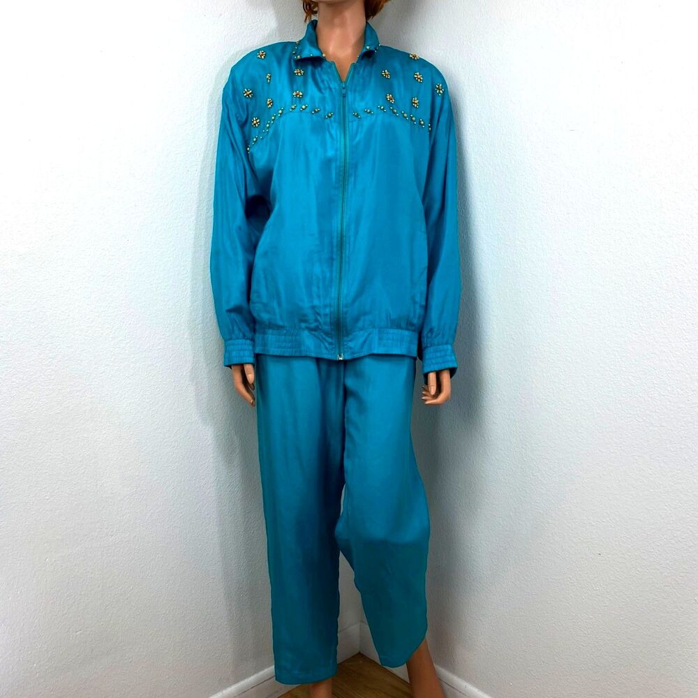 Vintage 80s Oleg Cassini Teal Silk Jogger Pant Beaded Jacket Set Med Lounge Chic